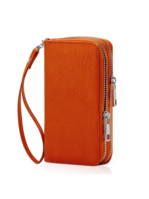 Cellphone Wallet for Women Dual Zipper Long Purse with Removable Wristlet, Orange