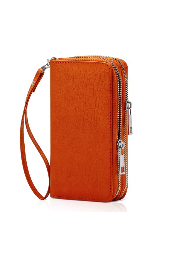 Cellphone Wallet for Women Dual Zipper Long Purse with Removable Wristlet, Orange
