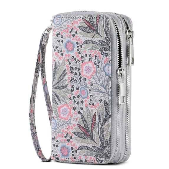 HAWEE Cellphone Wallet Dual Zipper Wristlet Purse with Card Slot/ Coin Pouch Compatible with iPhone/Samsung for Women or Lady, Pink Fissidens Flower