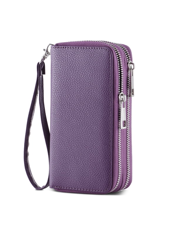 Removable Wristlet Women's Floral Dual Zipper Purse, Purple-Lichi