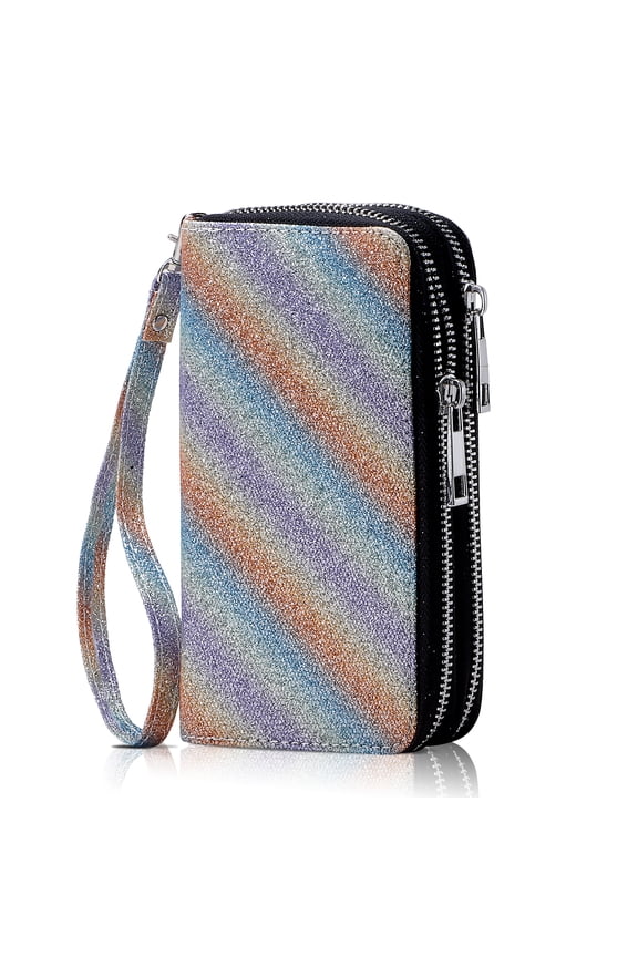 Cellphone Wallet for Women Dual Zipper Long Purse with Removable Wristlet, Shiny Yellow Stripe
