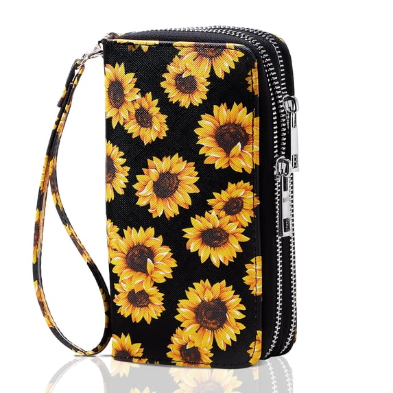 HAWEE Cellphone Wallet for Women Dual Zipper Long Purse with Removable Wristlet, Sunflower Yellow