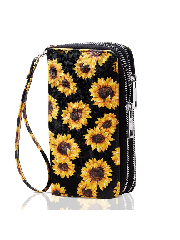 Cellphone Wallet for Women Dual Zipper Long Purse with Removable Wristlet, Sunflower Yellow