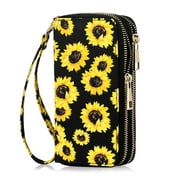 HAWEE Cellphone Wallet for Women Dual Zipper Long Purse with Removable Wristlet, Sunflower