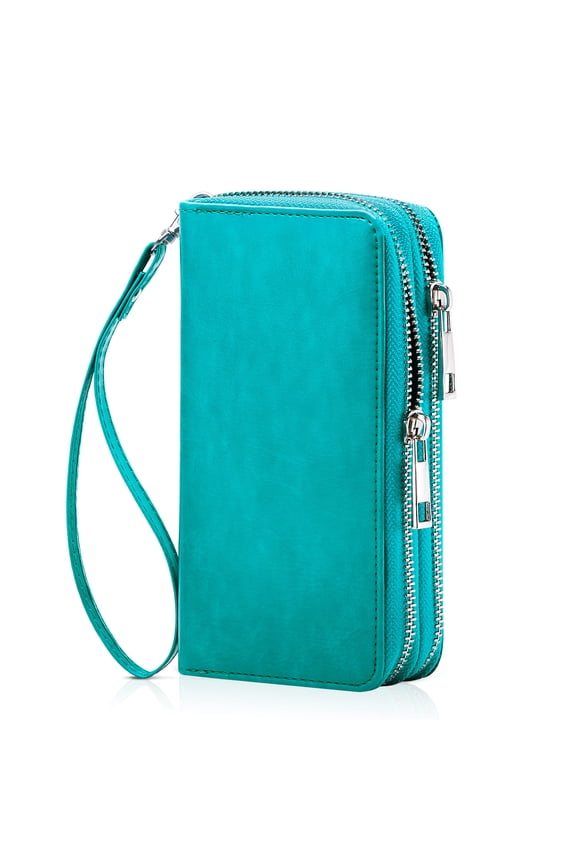 Cellphone Wallet for Women Dual Zipper Long Purse with Removable Wristlet, Turquoise Green