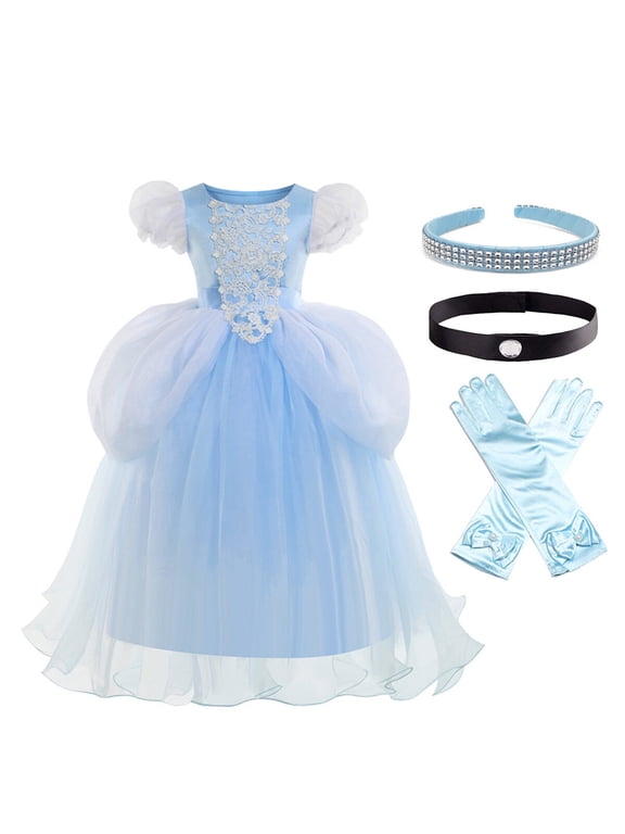 Blue Princess Dress for Girls Puffy Sleeve Princess Costume Halloween Cosplay Party Fancy Dress(2-12Y)