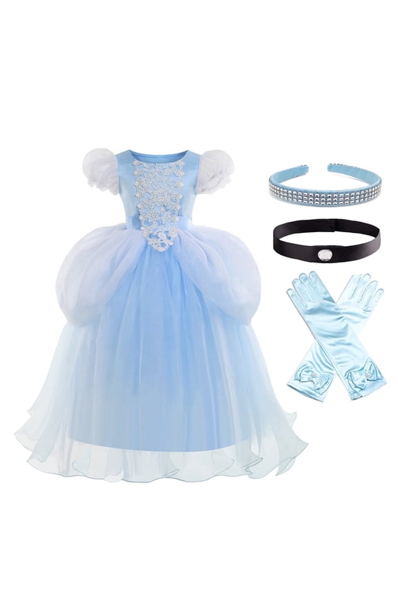 Blue Princess Dress for Girls Puffy Sleeve Princess Costume Halloween Cosplay Party Fancy Dress(2-12Y)