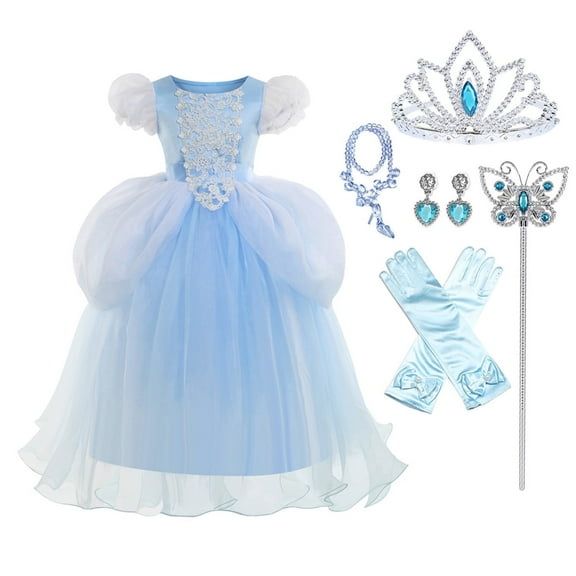 HAWEE Blue Princess Dress for Girls Puffy Sleeve Princess Costume Halloween Cosplay Party Fancy Dress(2-12Y)