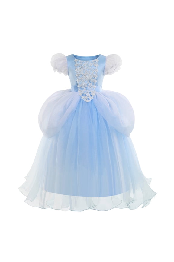 Blue Princess Dress for Girls Puffy Sleeve Princess Costume Halloween Cosplay Party Fancy Dress(2-12Y)