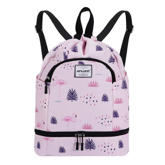 HAWEE Dry Wet Drawstring Backpack with Shoe Compartment for Women Waterproof Yoga String Bag Outdoor Sports Rucksack for Gym/ Beach/ Swim Pool, Flamingo Pink