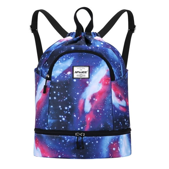 HAWEE Dry Wet Drawstring Backpack with Shoe Compartment for Women Waterproof Yoga String Bag Outdoor Sports Rucksack for Gym/ Beach/ Swim Pool, Galaxy