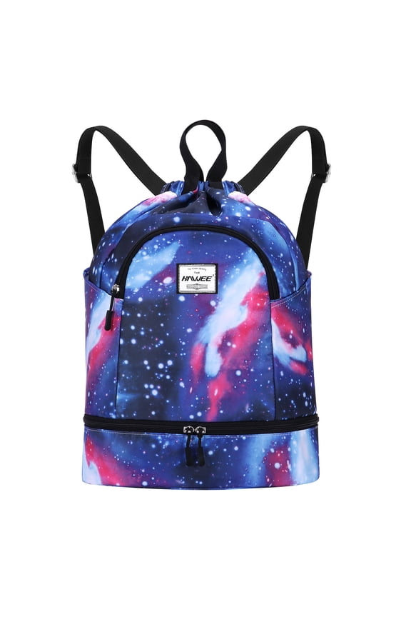 Dry Wet Drawstring Backpack with Shoe Compartment for Women Waterproof Yoga String Bag Outdoor Sports Rucksack for Gym/ Beach/ Swim Pool, Galaxy