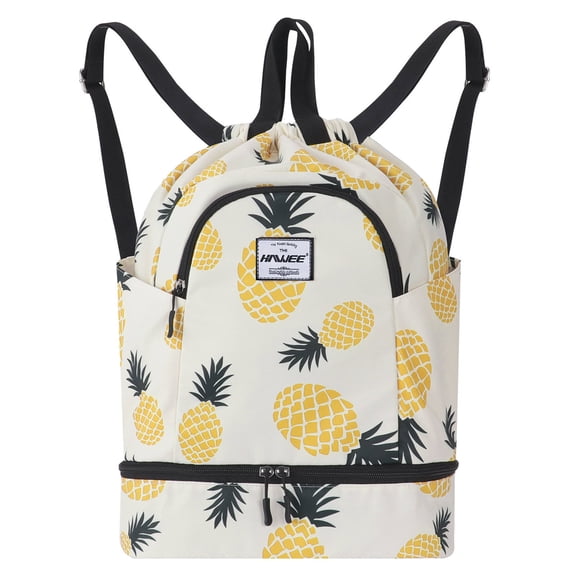 HAWEE Dry Wet Drawstring Backpack with Shoe Compartment for Women Waterproof Yoga String Bag Outdoor Sports Rucksack for Gym/ Beach/ Swim Pool, Pineapple