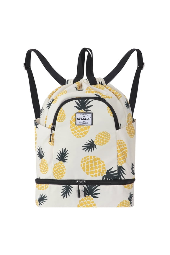 Dry Wet Drawstring Backpack with Shoe Compartment for Women Waterproof Yoga String Bag Outdoor Sports Rucksack for Gym/ Beach/ Swim Pool, Pineapple