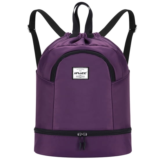 HAWEE Dry Wet Drawstring Backpack with Shoe Compartment for Women Waterproof Yoga String Bag Outdoor Sports Rucksack for Gym/ Beach/ Swim Pool, Purple