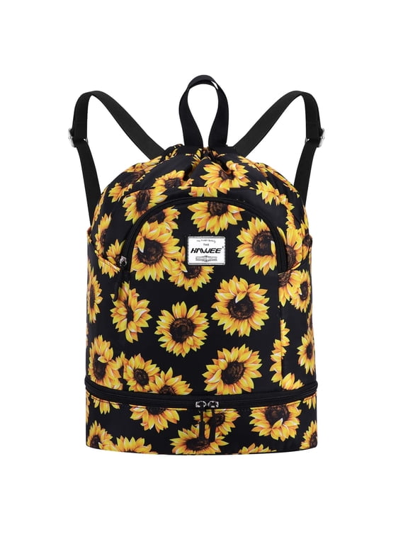 Dry Wet Drawstring Backpack with Shoe Compartment for Women Waterproof Yoga String Bag Outdoor Sports Rucksack for Gym/ Beach/ Swim Pool, Sunflower A