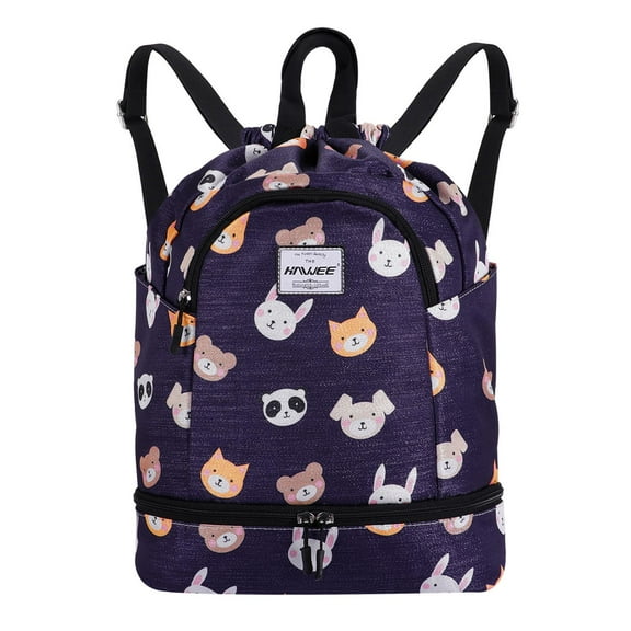 HAWEE Dry Wet Drawstring Backpack with Shoe Compartment for Women Waterproof Yoga String Bag Outdoor Sports Rucksack for Gym/ Beach/ Swim Pool, Bear