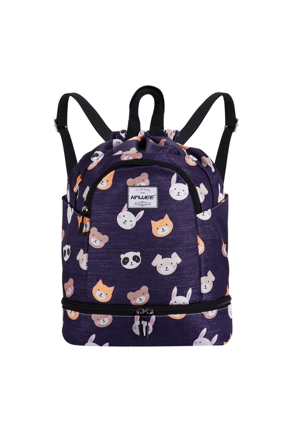 Dry Wet Drawstring Backpack with Shoe Compartment for Women Waterproof Yoga String Bag Outdoor Sports Rucksack for Gym/ Beach/ Swim Pool, Bear