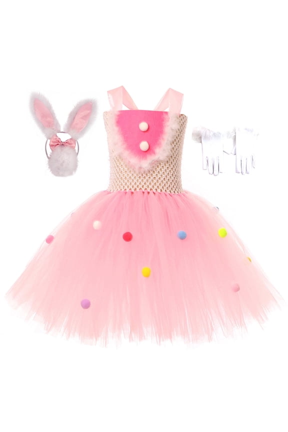 Easter Rabbit Dress for Girls Pink Sleeveless Bunny Tutu Tulle Dress Rabbit Costume 5 PCS Kids Birthday Fancy Dress Up
