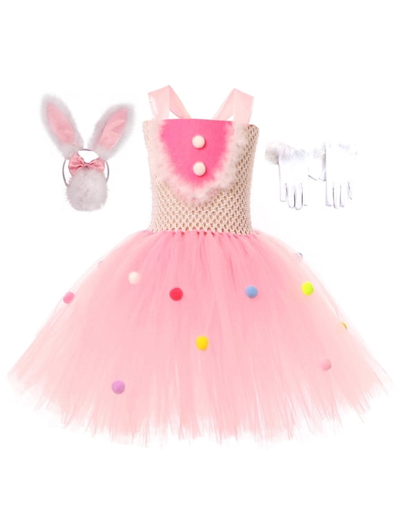 Easter Rabbit Dress for Girls Pink Sleeveless Tutu Tulle Dress Rabbit Costume 5 PCS Kids Birthday Fancy Dress Up
