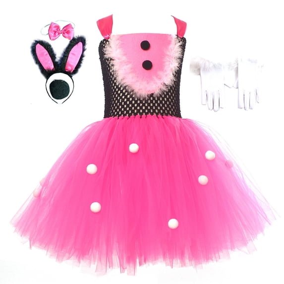 HAWEE Easter Rabbit Dress for Girls Pink Sleeveless Bunny Tutu Tulle Dress Rabbit Costume 5 PCS Kids Birthday Fancy Dress Up
