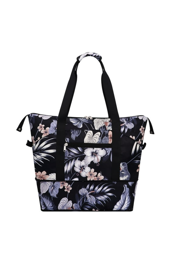 Expandable Duffel Bag for Women with Trolley Sleeve and Wet Pocket Water Repellent Weekender Travel Tote Large Capacity Carry On Overnight Luggage for Gym/ Trip/ Camping/ Beach, Hibiscus