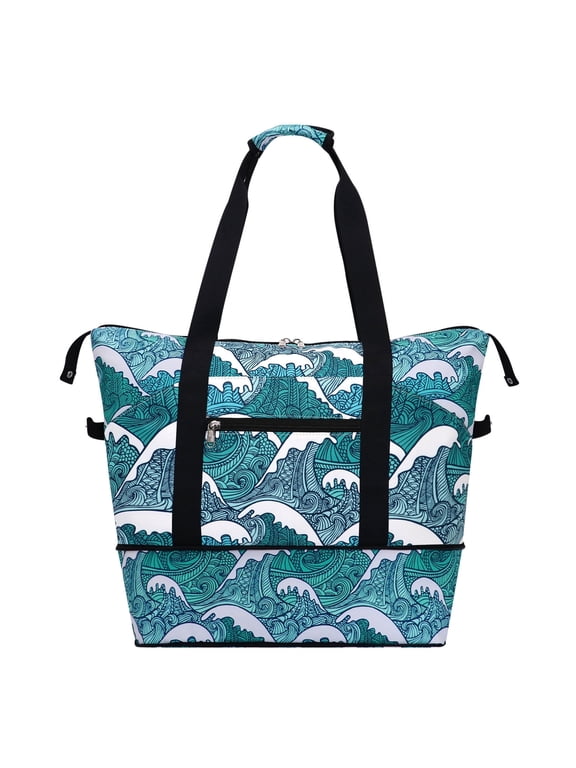 Expandable Duffel Bag for Women with Trolley Sleeve and Wet Pocket Water Repellent Weekender Travel Tote Large Capacity Carry On Overnight Luggage for Gym/ Trip/ Camping/ Beach, Tide