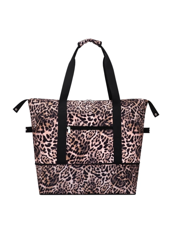 Expandable Duffel Bag for Women with Trolley Sleeve and Wet Pocket Water Repellent Weekender Travel Tote Large Capacity Carry On Overnight Luggage for Gym/ Trip/ Camping/ Beach, Leopard