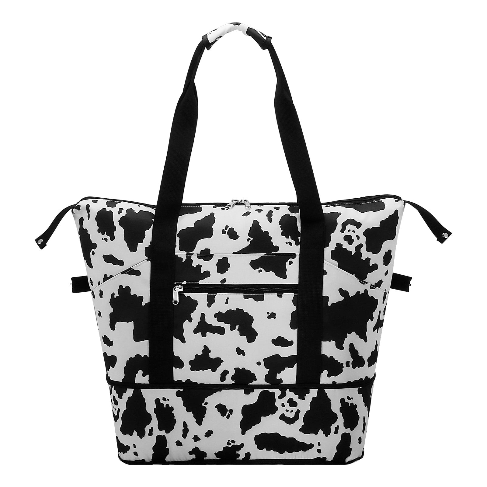 HAWEE Expandable Duffel Bag for Women with Trolley Sleeve and Wet Pocket Water Repellent Weekender Travel Tote Large Capacity Carry On Overnight Luggage for Gym/ Trip/ Camping/ Beach, Cow Print