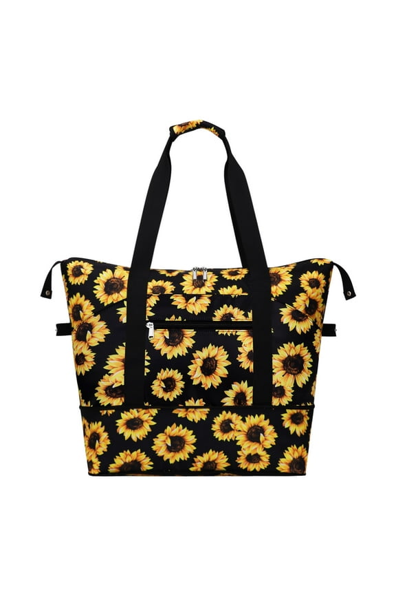 Expandable Duffel Bag for Women with Trolley Sleeve and Wet Pocket Water Repellent Weekender Travel Tote Large Capacity Carry On Overnight Luggage for Gym/ Trip/ Camping/ Beach, Sunflower