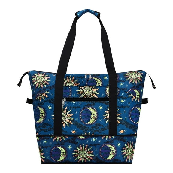 HAWEE Expandable Duffel Bag for Women with Trolley Sleeve and Wet Pocket Water Repellent Weekender Travel Tote Large Capacity Carry On Overnight Luggage for Gym/ Trip/ Camping/ Beach, Sun and Moon