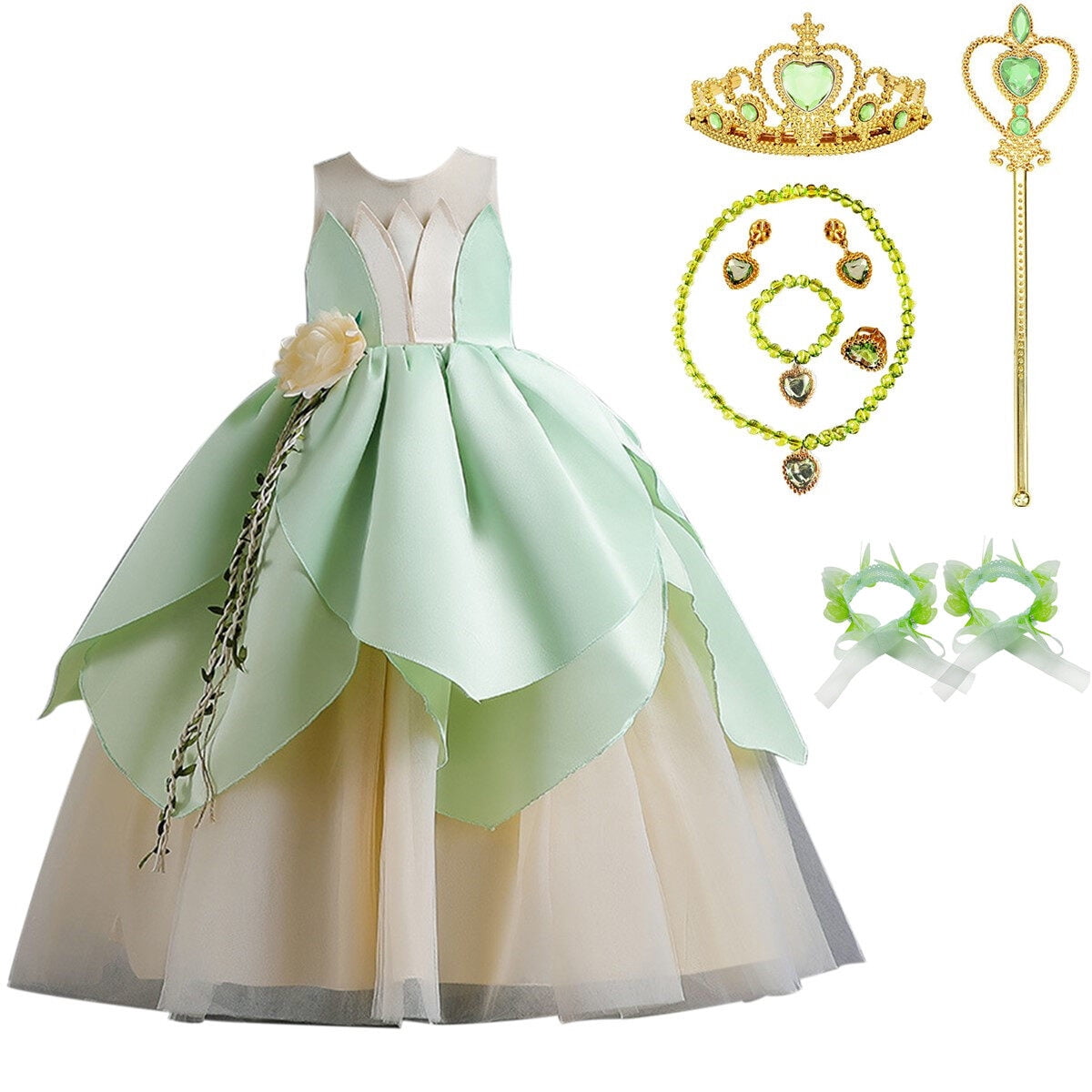 COTRIO Green Fairy Princess Dress Up Set For Girls - Halloween Costume With Accessories