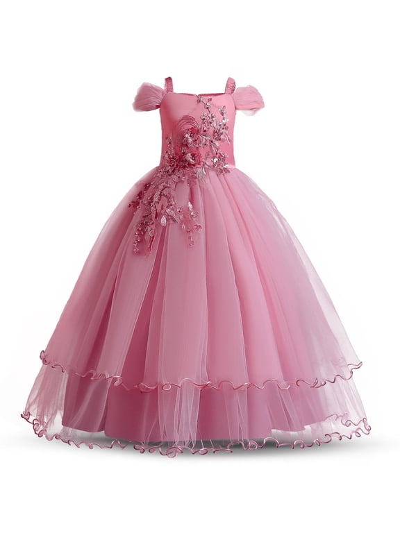 Flower Girls Dresses Big Girls Off Shoulder Embroidered Puffy Dress Piano Costume Wedding Bridesmaid Princess Long Full Dress, Sizes 5-13Y