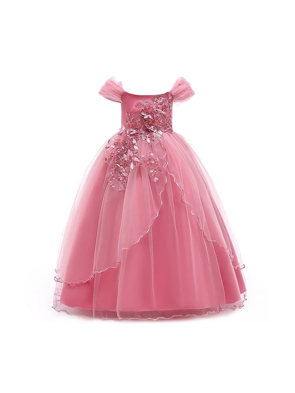 Flower Girls Embroidery Lace Bridesmaid Dress Beaded Wedding Party Full Length Dance Gown for Girls 4-14 Years