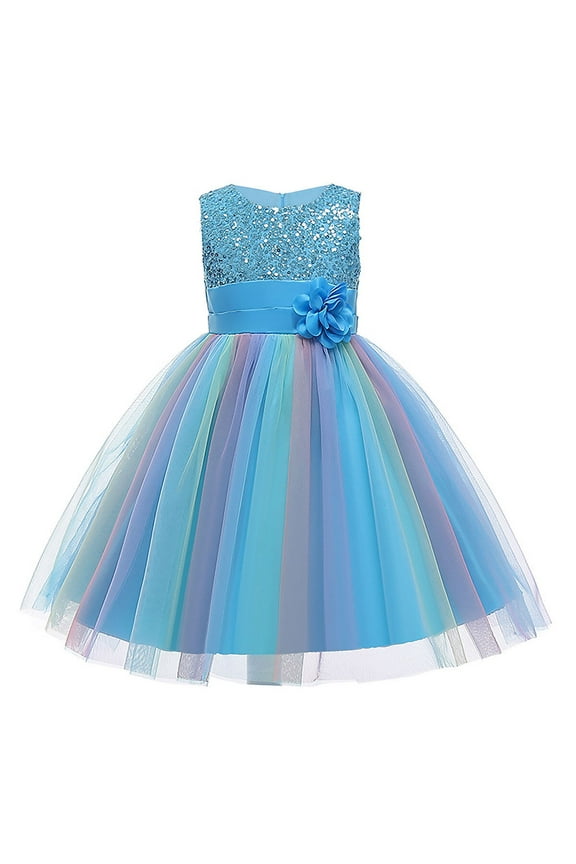 Flower Girls Sequin Dress Rainbow Tutu Birthday Party Princess Dress Pageant Gown for Age 3-10 Years Old
