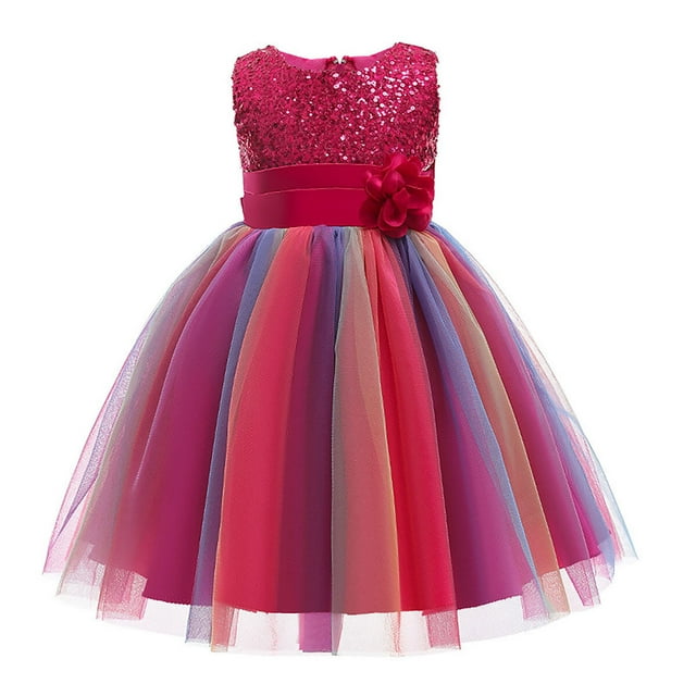 HAWEE Flower Girls Sequin Dress Rainbow Tutu Birthday Party Princess ...