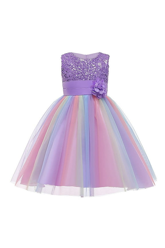 Flower Girls Sequin Dress Rainbow Tutu Birthday Party Princess Dress Pageant Gown for Age 3-10 Years Old