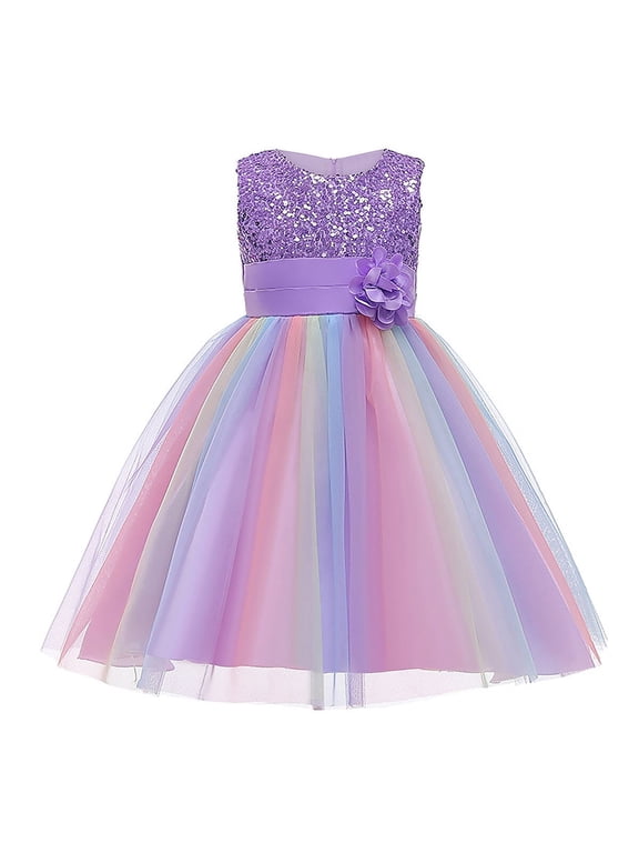 Flower Girls Sequin Dress Rainbow Tutu Birthday Party Princess Dress Pageant Gown for Age 3-10 Years Old