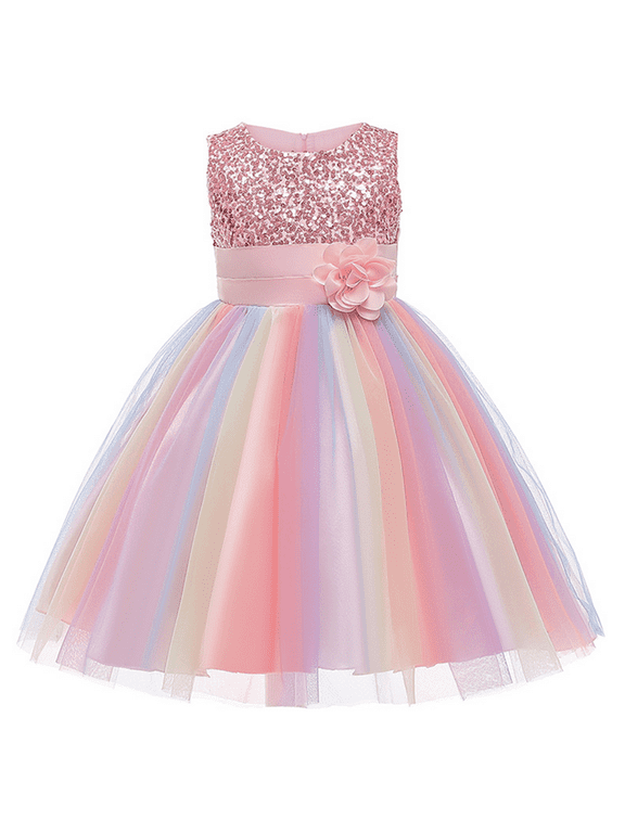 Flower Girls Sequin Dress Rainbow Tutu Birthday Party Princess Dress Pageant Gown for Age 3-10 Years Old