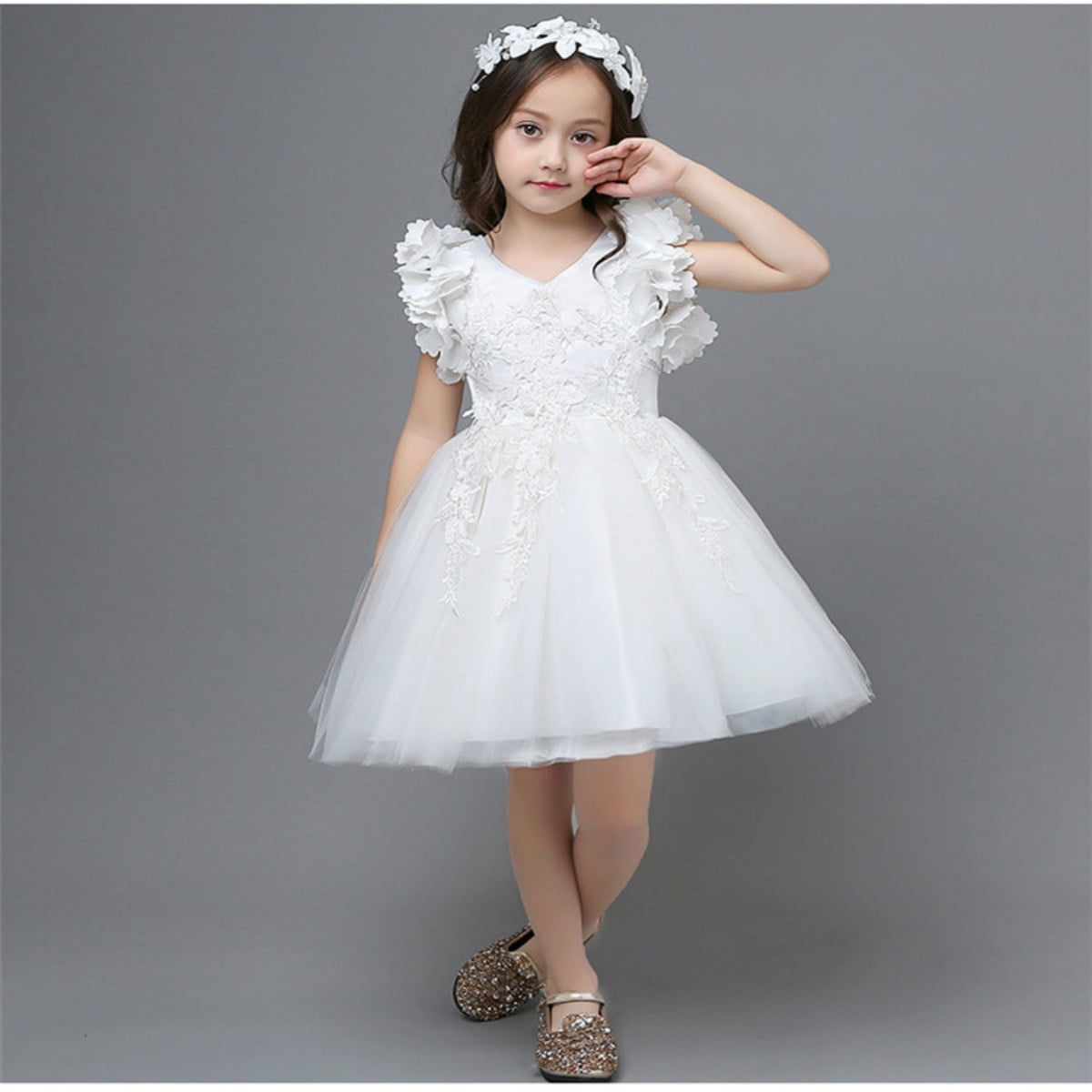 Avadress Elegant Lace Appliques Cap Sleeves Tulle Flower Girl Dress Kids Cute Backless Dress Toddler Party Tulle Tutu Dresses 0-12 Years 4 / Ivory