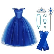 HAWEE Girls Blue Princess Costume Upgrade Deluxe Off-shoulder Dress for Birthday Halloween Cosplay