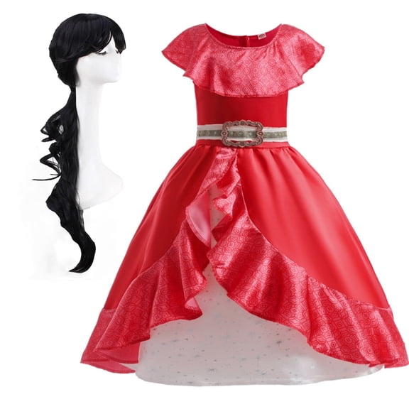HAWEE Girls Red Princess Dress Birthday Halloween Party Queen Fancy-Dress Costume with Wig for Kids 2-12 Years