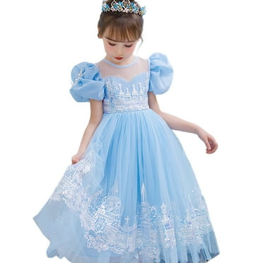 HAWEE Girls' Princess Blue Dress Halloween Birthday Party Sequins Castle Embroidery Costume Dress Pageant Gown for Age 2-10Y