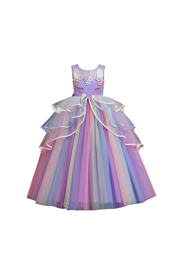 Girls Unicorn Princess Dress Fancy Party Costume Dress up Wedding Birthday Party Gown for Age 2-11 Years Old