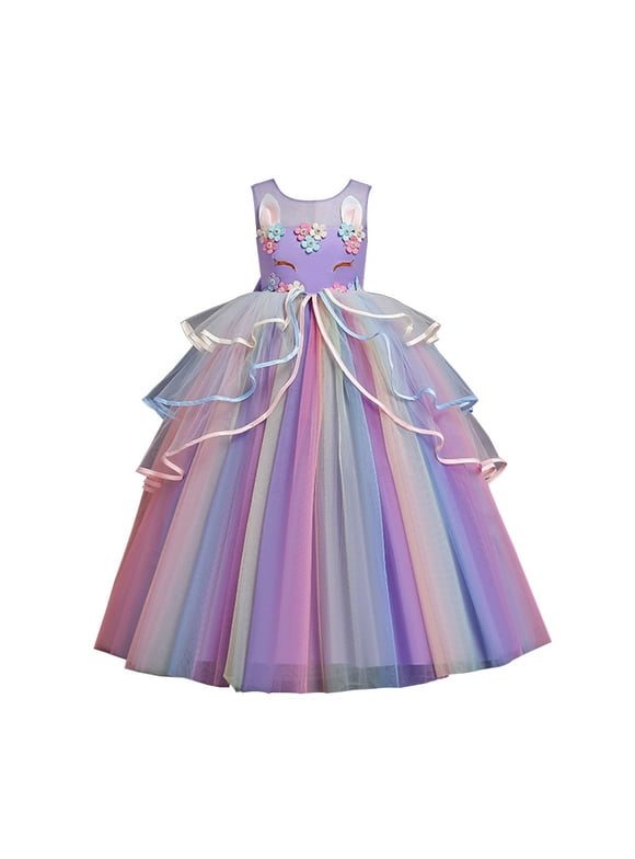 HAWEE Girls Unicorn Princess Dress Fancy Party Costume Dress up Wedding Birthday Party Gown for Age 3-14 Years Old