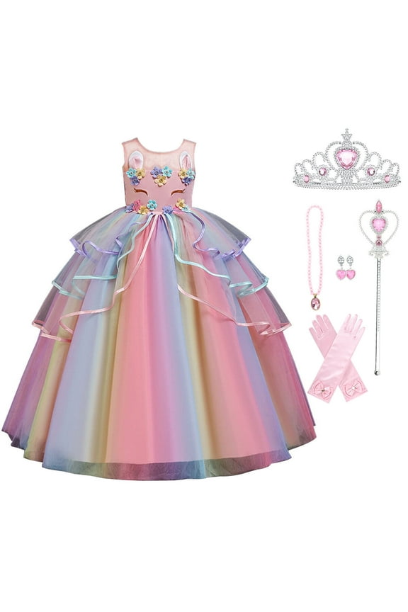 Girls Unicorn Princess Dress Fancy Party Costume Dress up Wedding Birthday Party Gown for Age 2-11 Years Old