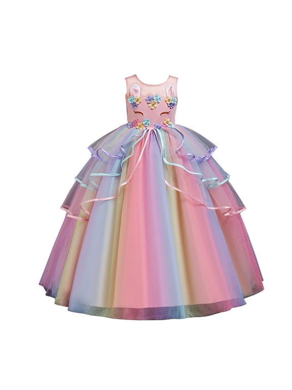 Girls Unicorn Princess Dress Fancy Party Costume Dress up Wedding Birthday Party Gown for Age 2-11 Years Old