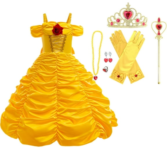 HAWEE Girls Yellow Princess Costume with Accessories, Halloween Birthday