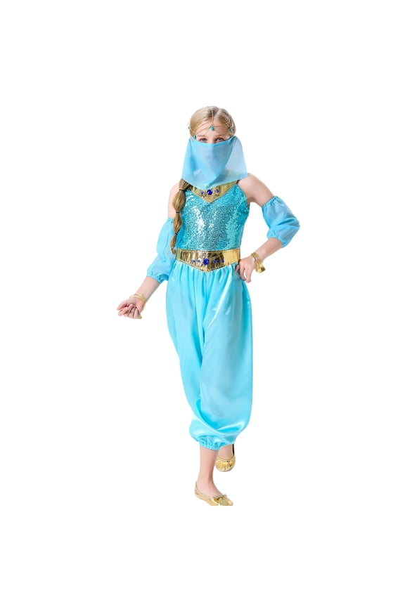 Princess Costume for Girls Princess Jumpsuit With Veil Wrist Sleeve Kids Halloween Carnival Party Dress Up