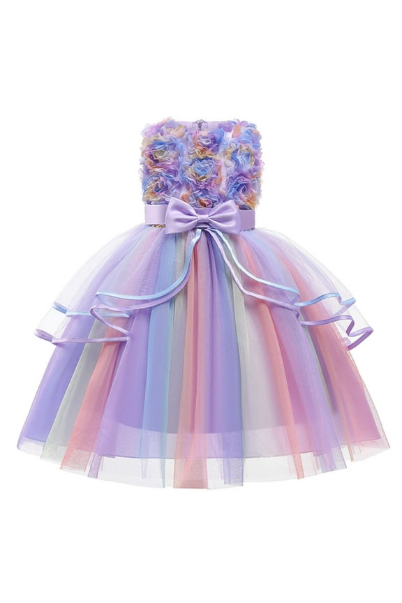 Kids Flower Dresses For Baby Girls Elegant Wedding Princess Dress Ceremony Party Rainbow Tutu Ball Gown